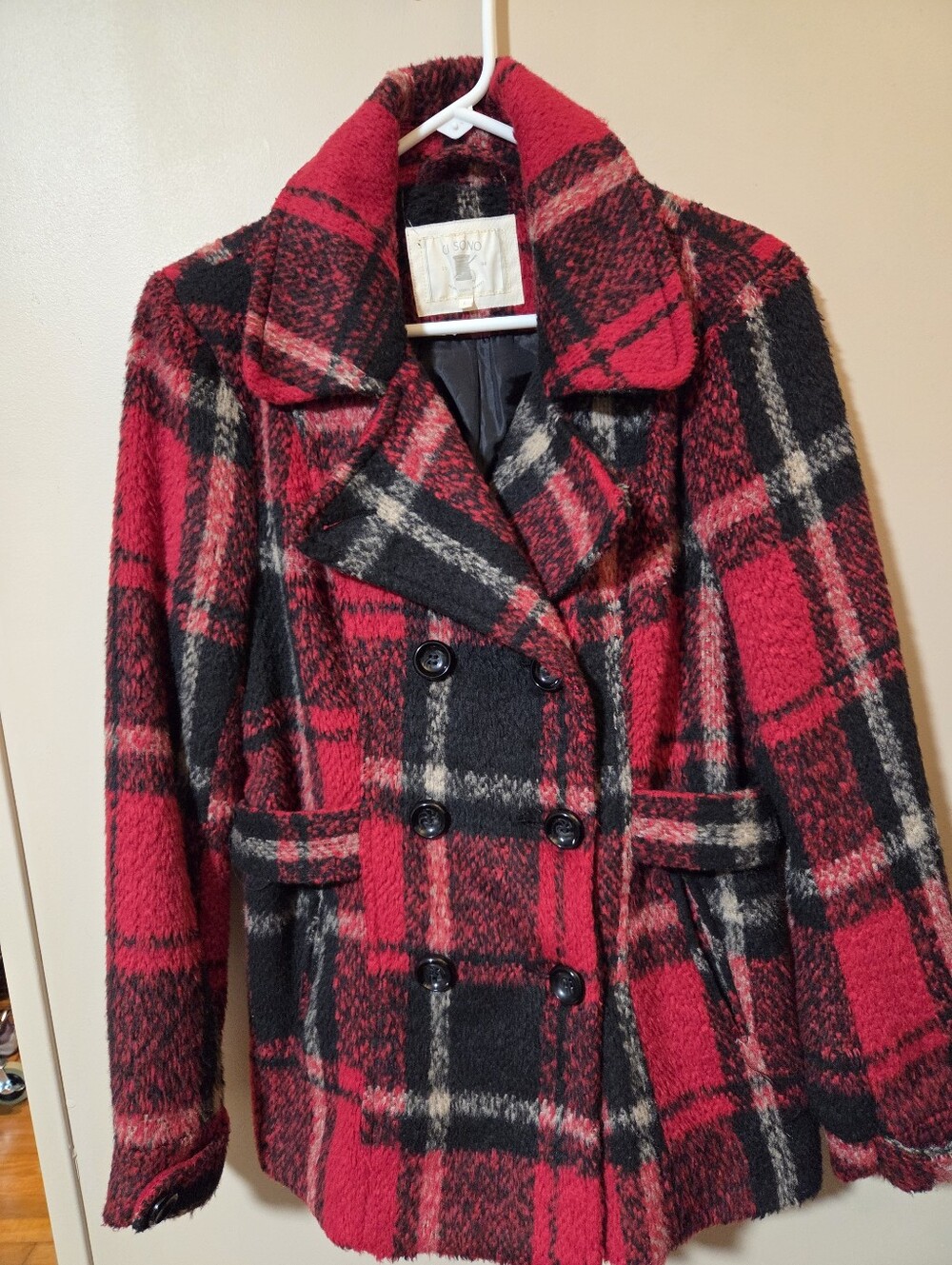 Womens (Maybe Junior) Large Ci Sono Red & Black Plaid Peacoat